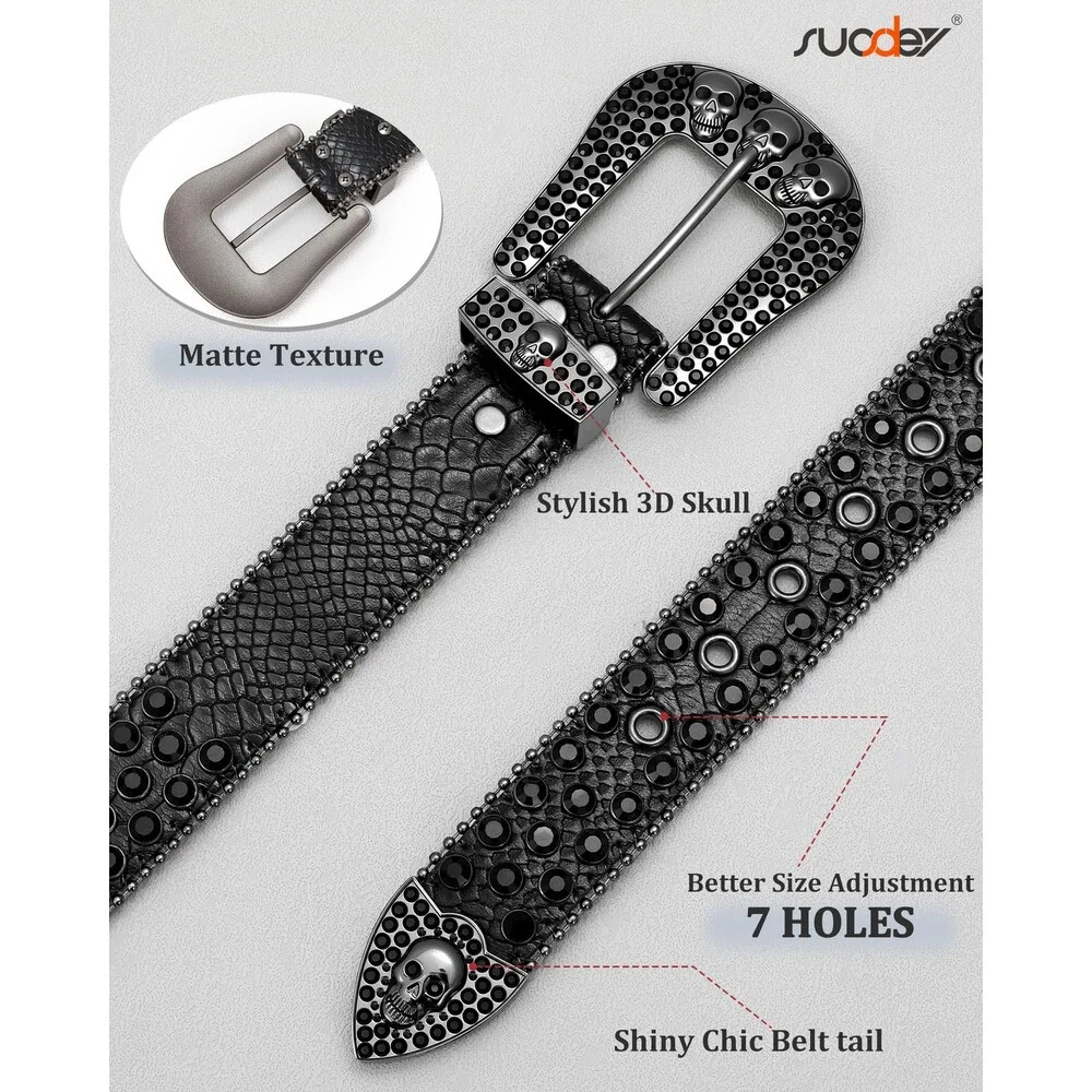 SUOSDEY Men's Rhinestone Skull Belt Women Bling Punk Studded WAIST SIZE:30